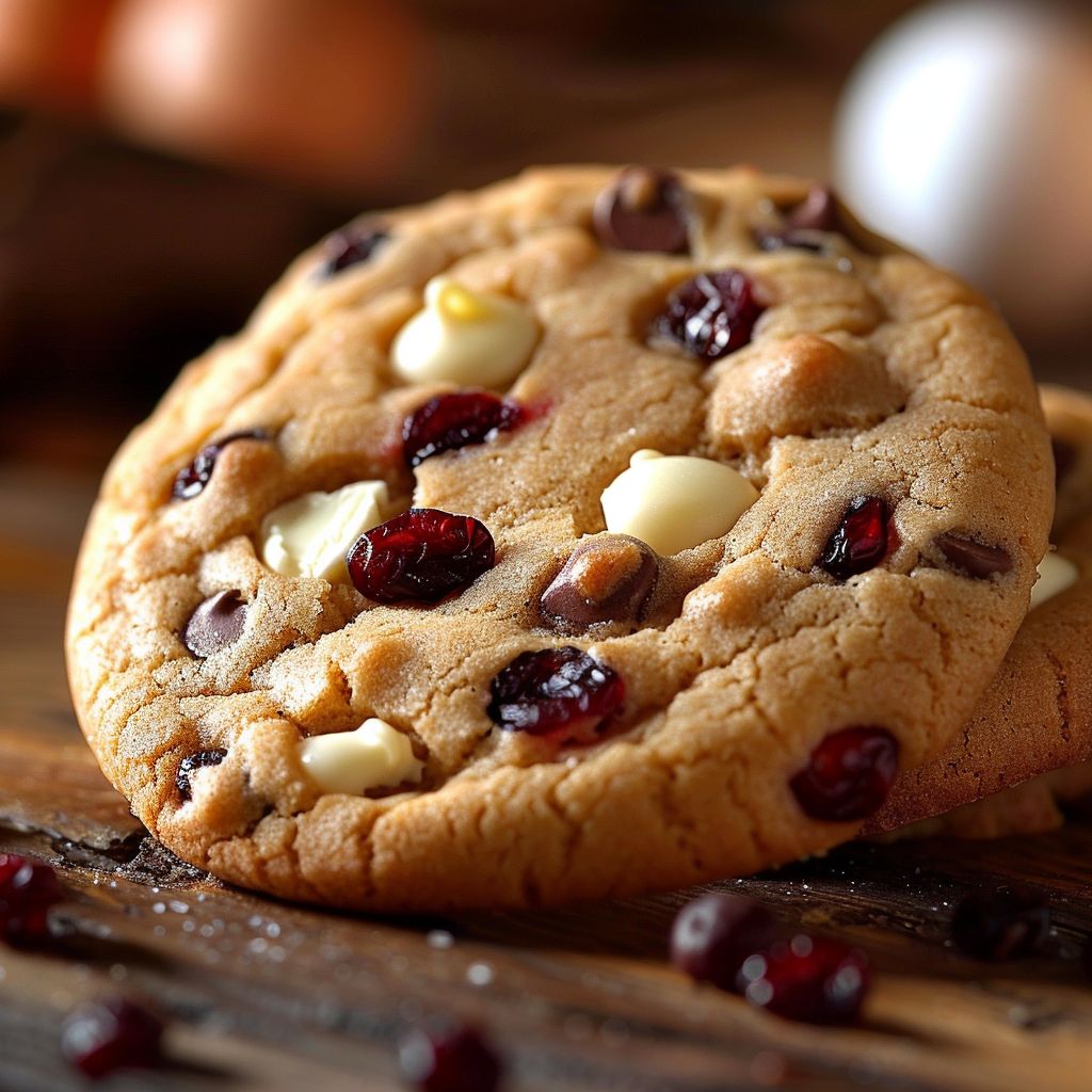 Close-up photo of a freshly baked white chocolate cranberry cookie, showcasing its texture and golden edges.