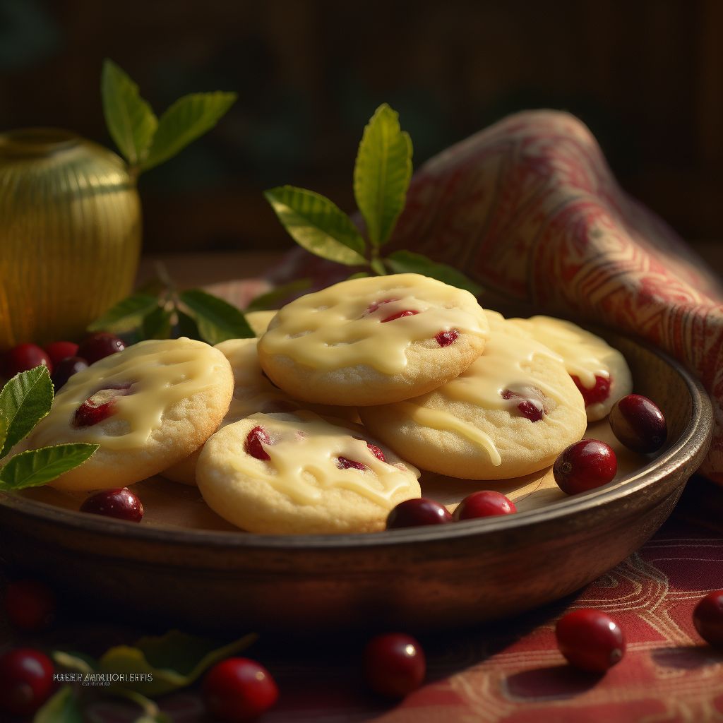 Close-up of a lemon cranberry cookie with a golden-brown edge and a soft center, lightly dusted with powdered sugar.