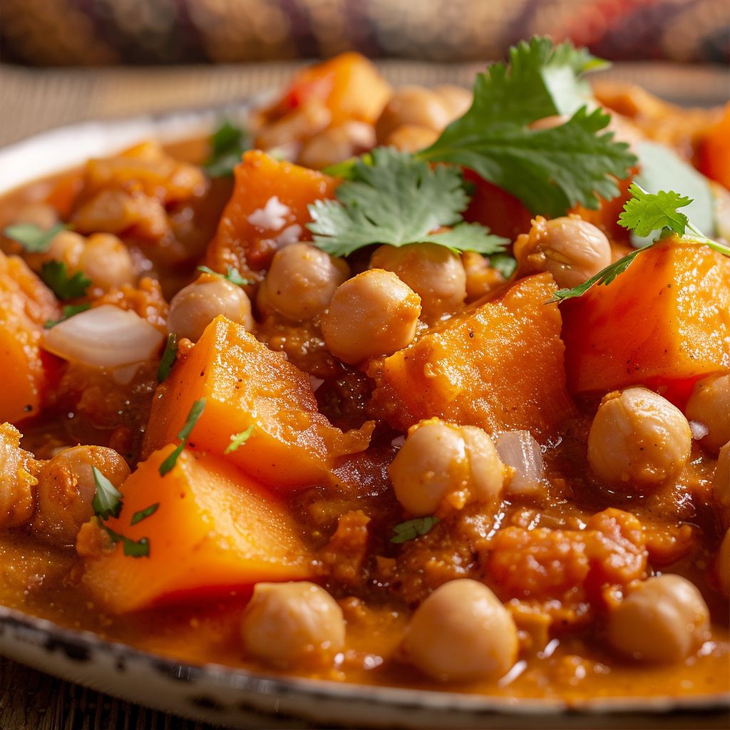 Close-up of a vibrant Sweet Potato and Chickpea Curry in a bowl, with warm natural lighting enhancing its textures.