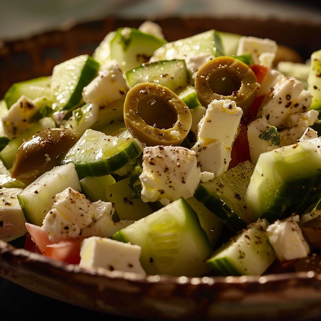 Close-up of a Keto Greek Salad featuring fresh cucumbers, vibrant olives, and crumbled feta cheese.