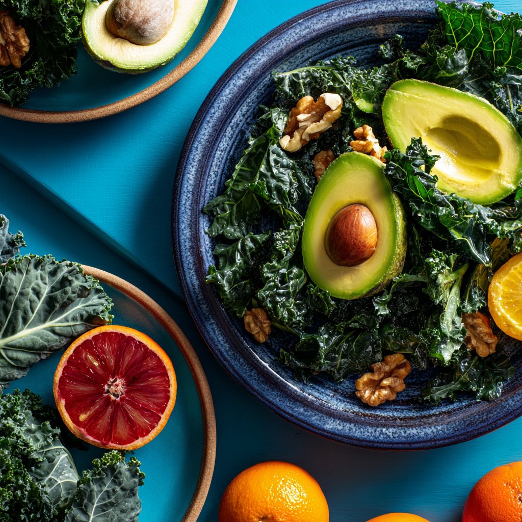 Close-up of a vibrant salad with leafy greens, berries, and nuts in natural light.