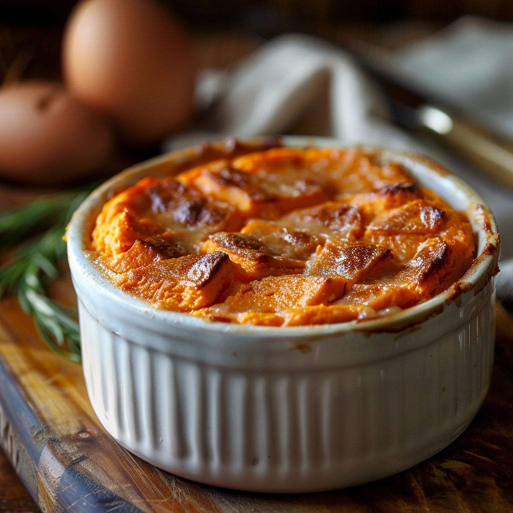 Close-up of a golden-brown sweet potato soufflé in a rustic dish.