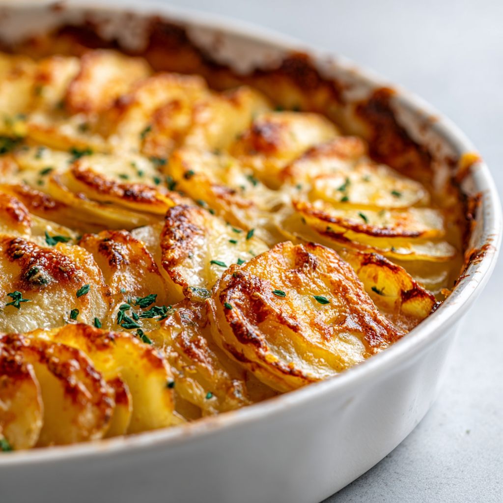 Close-up of creamy scalloped potatoes with melted cheese and soft shadows.