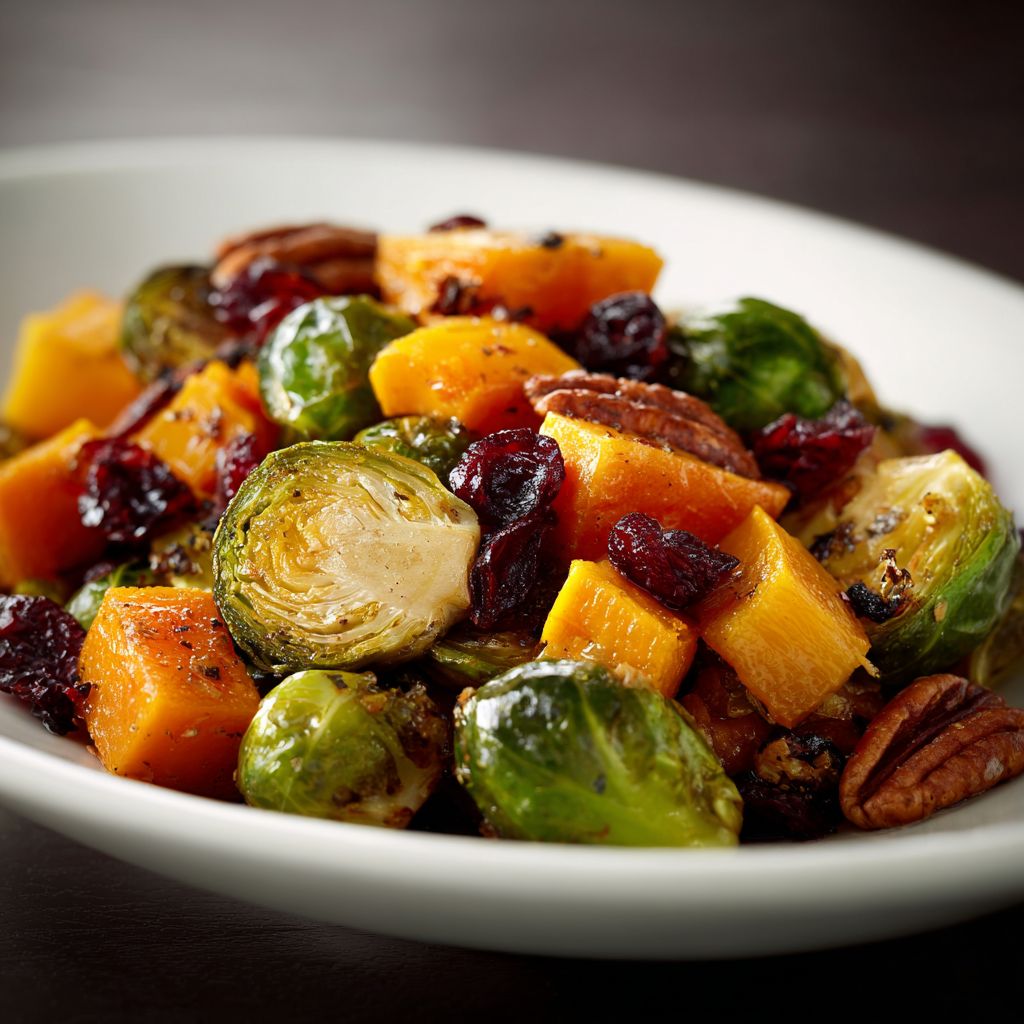 Close-up of roasted butternut squash and Brussels sprouts, garnished with chopped pecans and cranberries, in warm natural light.