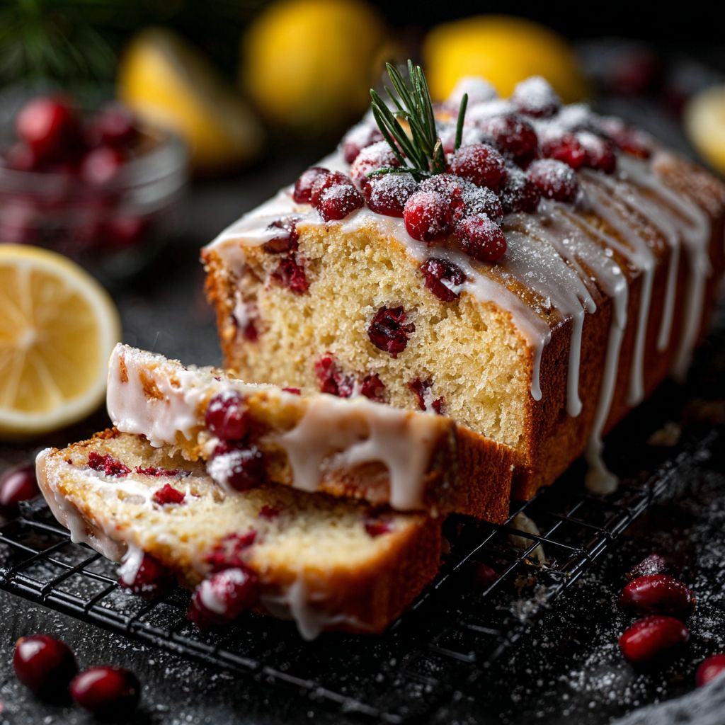 A close-up of a moist Cranberry Orange Loaf, showcasing its vibrant cranberries and golden-brown crust.