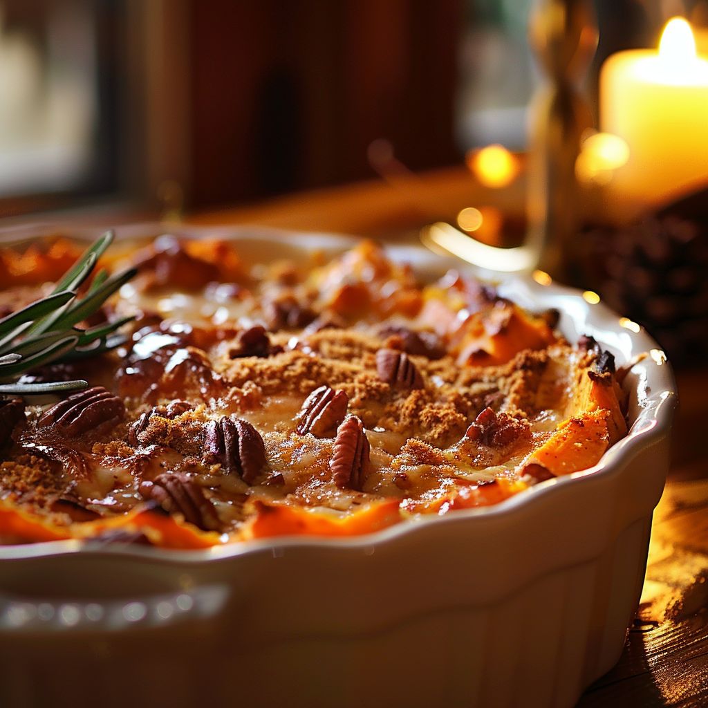 Close-up of a sweet potato casserole topped with crunchy pecans in warm lighting.