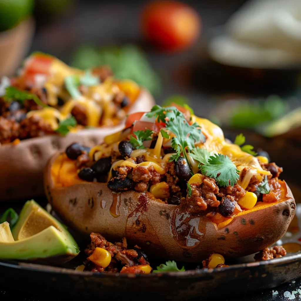 Delicious sweet potatoes filled with taco ingredients, garnished with cilantro and avocado.
