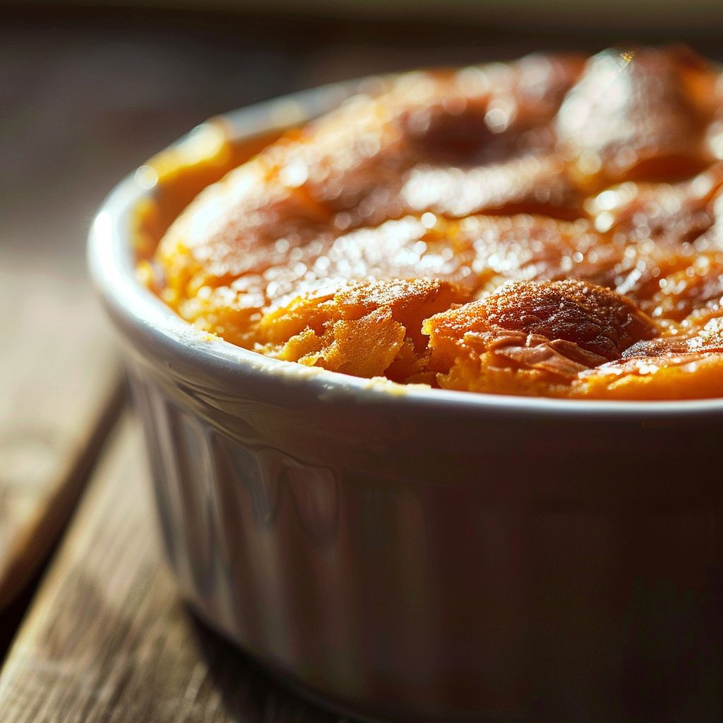Close-up of a fluffy sweet potato souffle with a golden-brown top, soft shadows, and a blurred background.