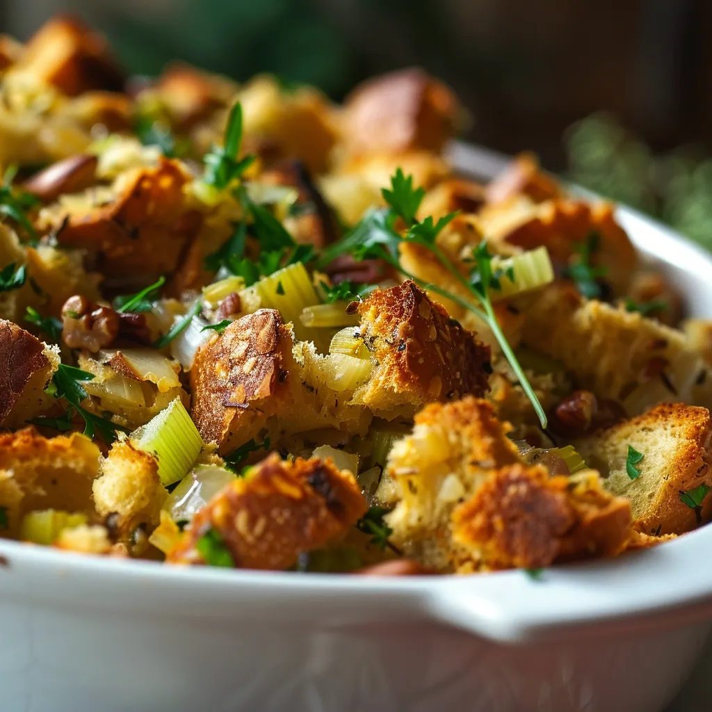 Delicious Thanksgiving stuffing featuring bread cubes, celery, and nuts, beautifully lit.