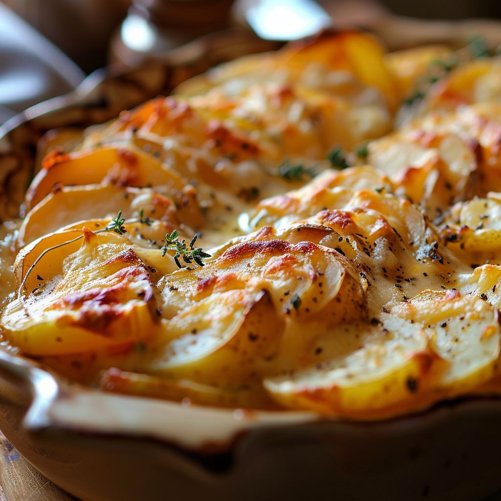 Close-up of a bubbling Cheesy Root Vegetable Gratin with golden cheese crust.