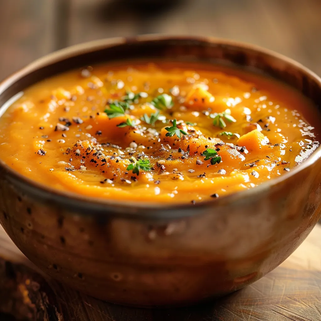 A vibrant bowl of Savory Sweet Potato and Carrot Soup featuring diced sweet potatoes and sliced carrots, highlighted with a cozy background.