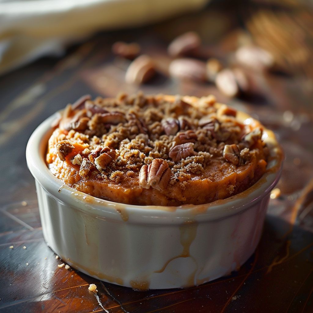 Close-up of a creamy sweet potato soufflé topped with a crunchy pecan crumble.