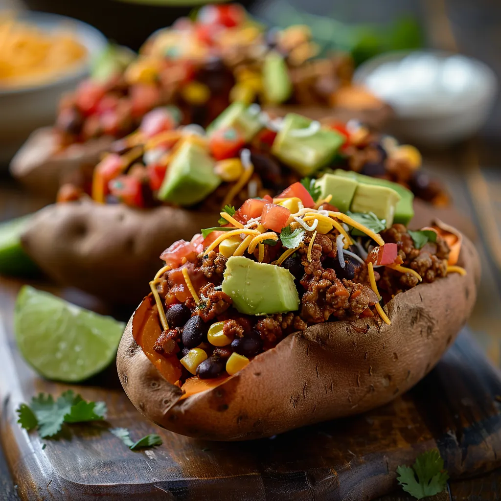 A warm sweet potato topped with colorful taco ingredients, garnished with avocado.