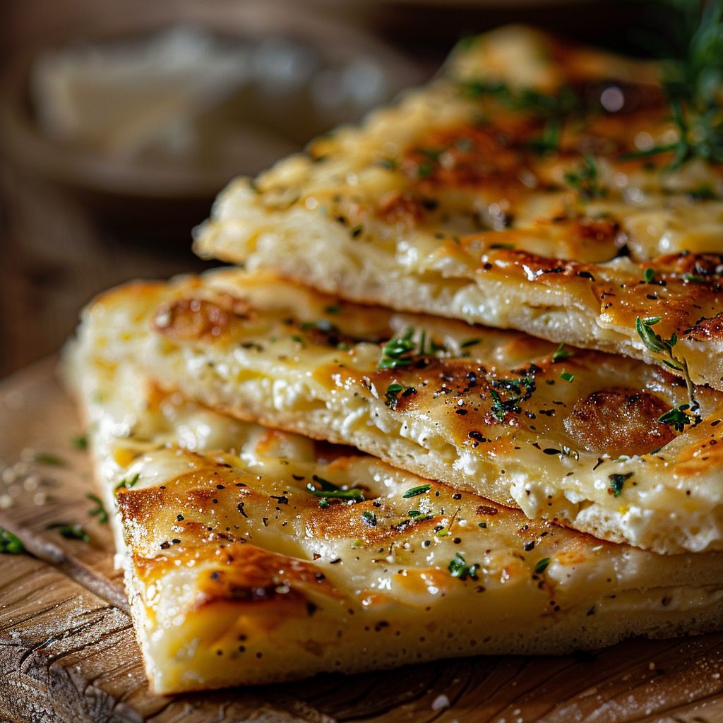 Close-up of a Cottage Cheese Flatbread topped with herbs on a wooden board.