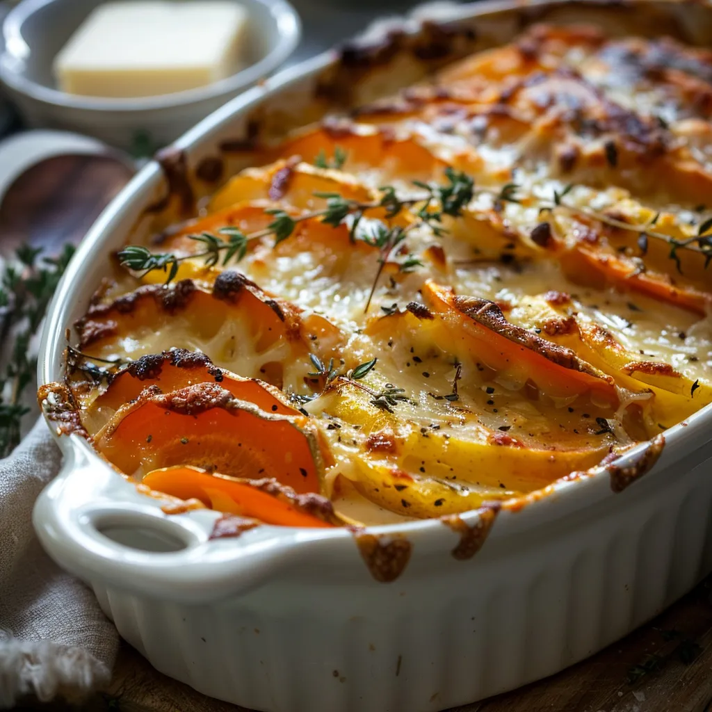 A delicious Cheesy Root Vegetable Gratin baked to perfection, showcasing a creamy texture and golden-brown cheese crust.
