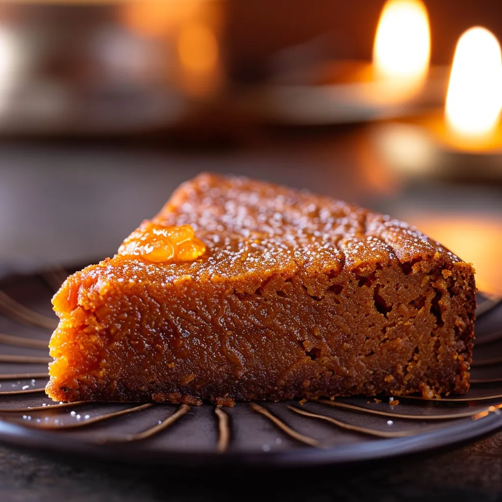 Eye-level shot of a Flourless Sweet Potato Ginger Cake, highlighting its soft layers and ginger topping.