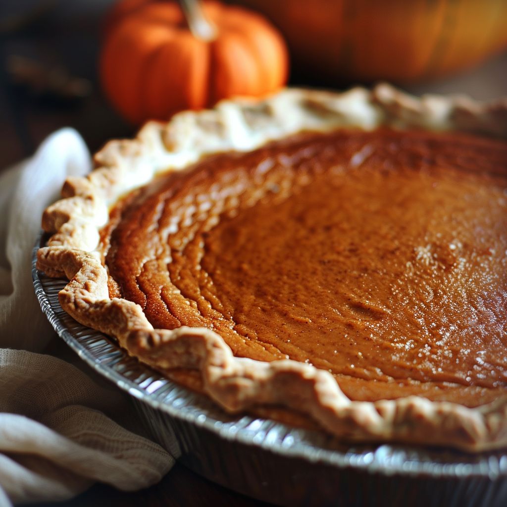 Close-up view of a perfectly baked Thanksgiving pumpkin pie with a golden crust and rich filling.