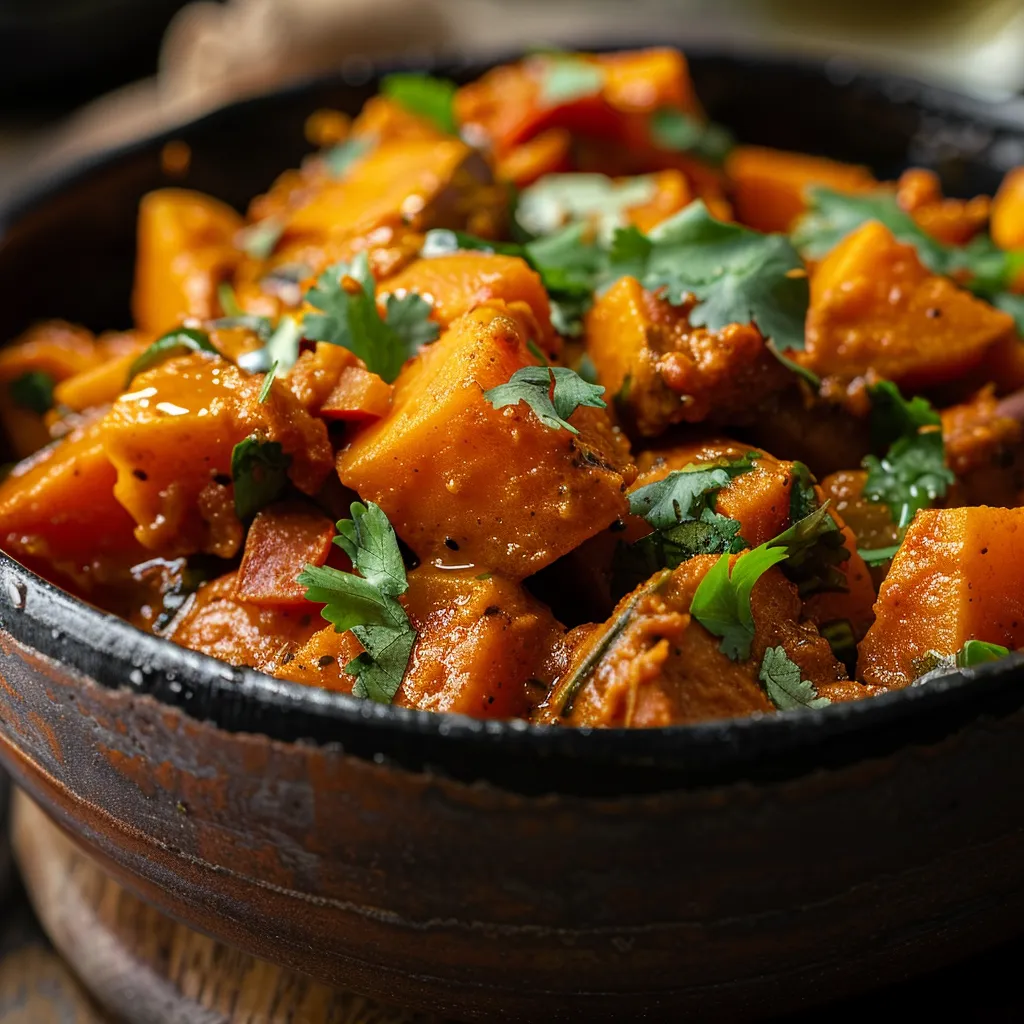 A warm bowl of sweet potato curry, showcasing diced sweet potatoes and coconut milk with soft shadows.