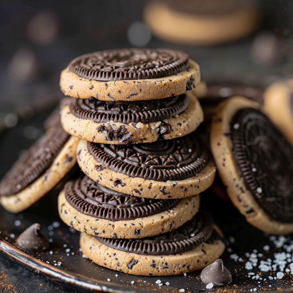 Close-up of a Copycat Crumbl Oreo Cookie topped with sea salt, showcasing its rich texture.