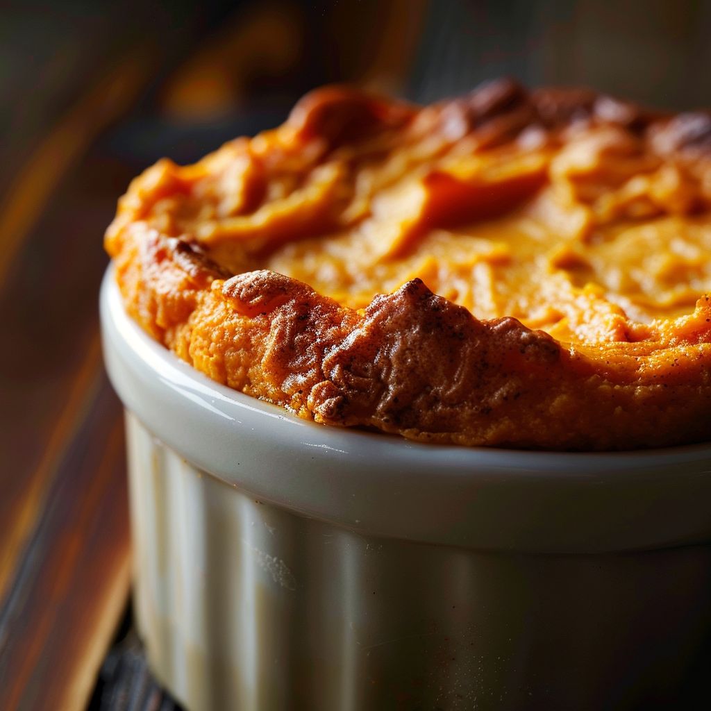 Close-up view of a fluffy Sweet Potato Soufflé topped with a golden crust.