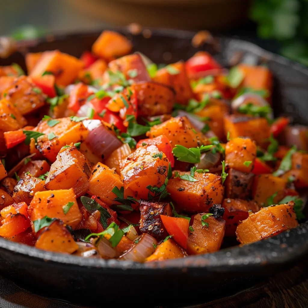 Colorful Savory Sweet Potato Hash featuring golden sweet potatoes, paprika, and fresh parsley in a bowl.
