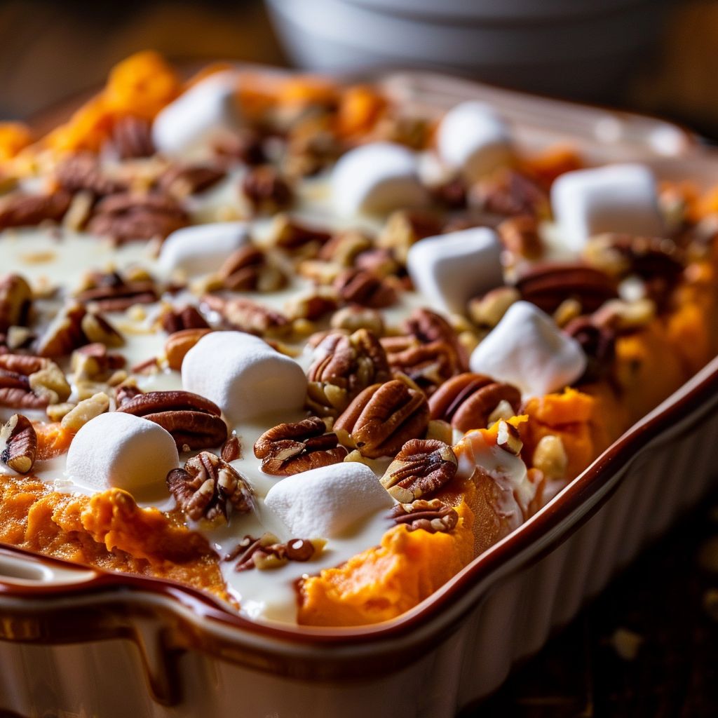 Close-up of a Southern Maple Sweet Potato Casserole topped with mini marshmallows and pecans.