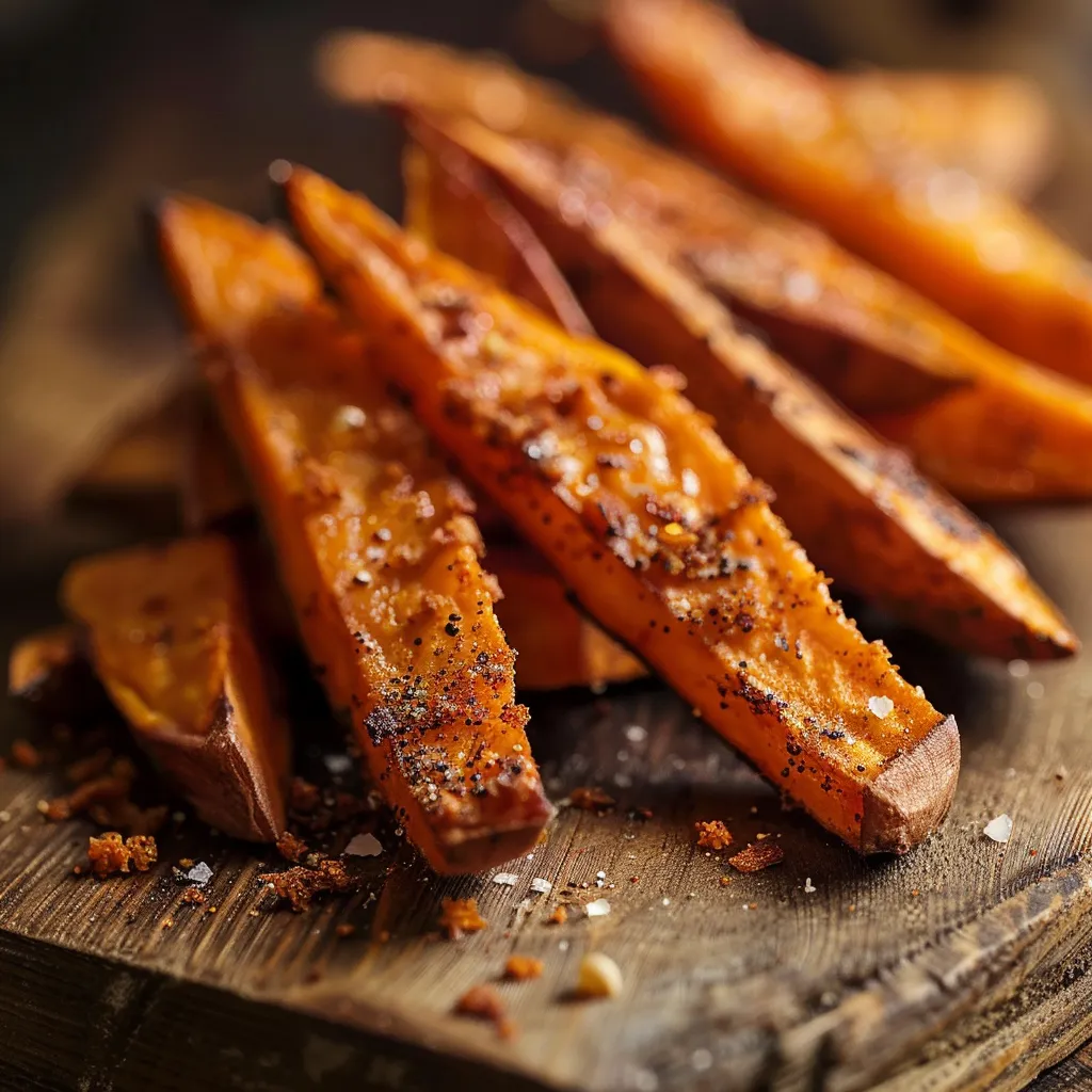 Delicious golden sweet potato fries arranged on a wooden board, showcasing their crispy texture.