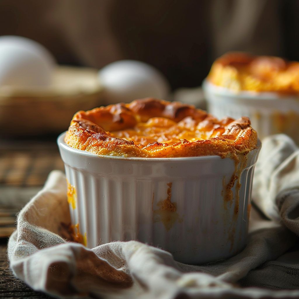 Close-up of a fluffy sweet potato soufflé topped with a golden crust, sitting in a ramekin.