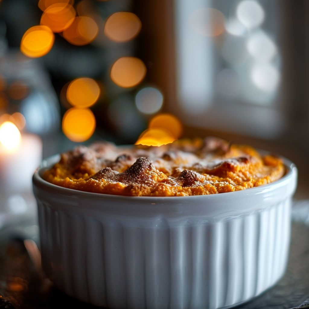 Close-up of a creamy sweet potato soufflé topped with mini marshmallows and pecans in a cozy setting.