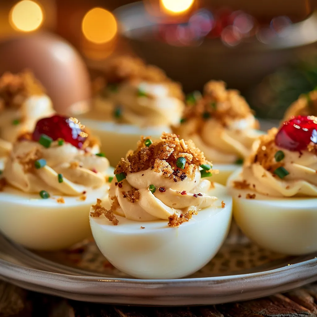 Delicious deviled eggs on a wooden table, highlighted by natural light with a blurred background.