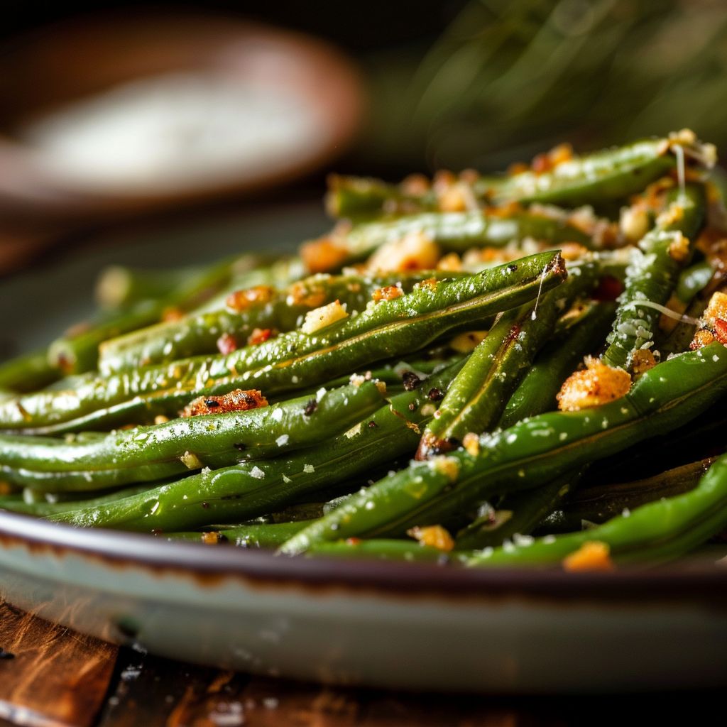 Close-up of crispy garlic parmesan roasted green beans on a plate, showcasing a golden-brown texture.