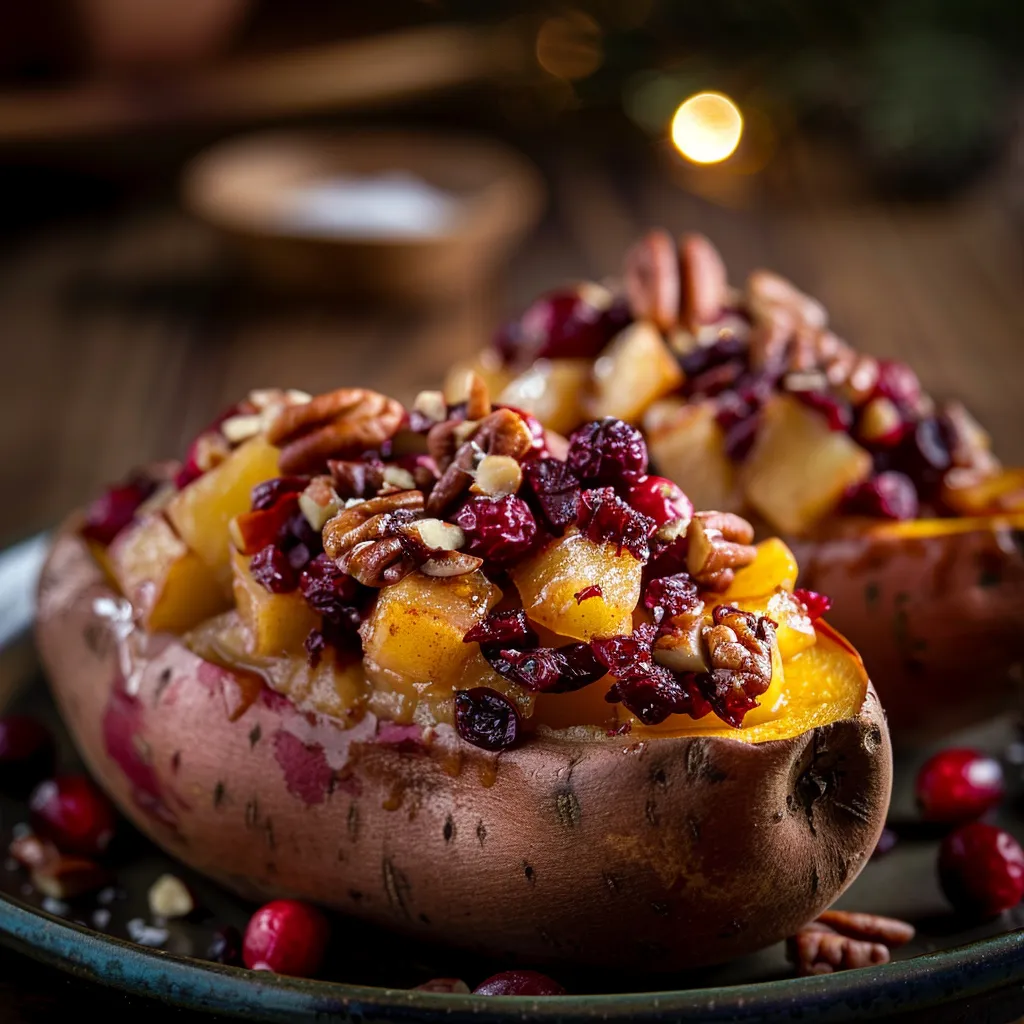 A delicious serving of cranberry apple sweet potatoes, featuring a golden-brown exterior and vibrant toppings.