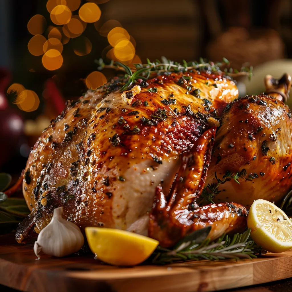 A close-up view of a Cajun Butter Turkey, showcasing its juicy meat and flavorful seasoning.