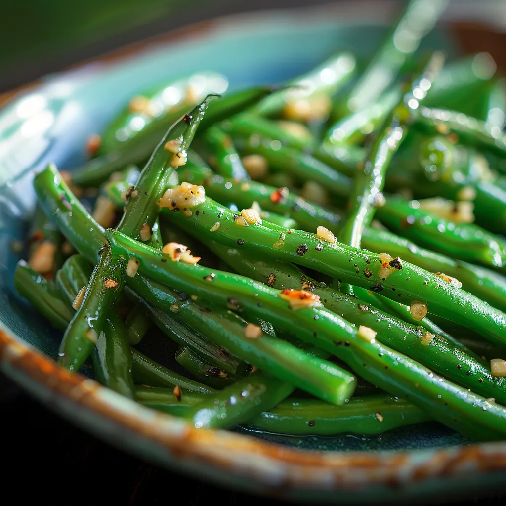 Deliciously cooked green beans with garlic butter, showcasing a vibrant, appetizing appearance.