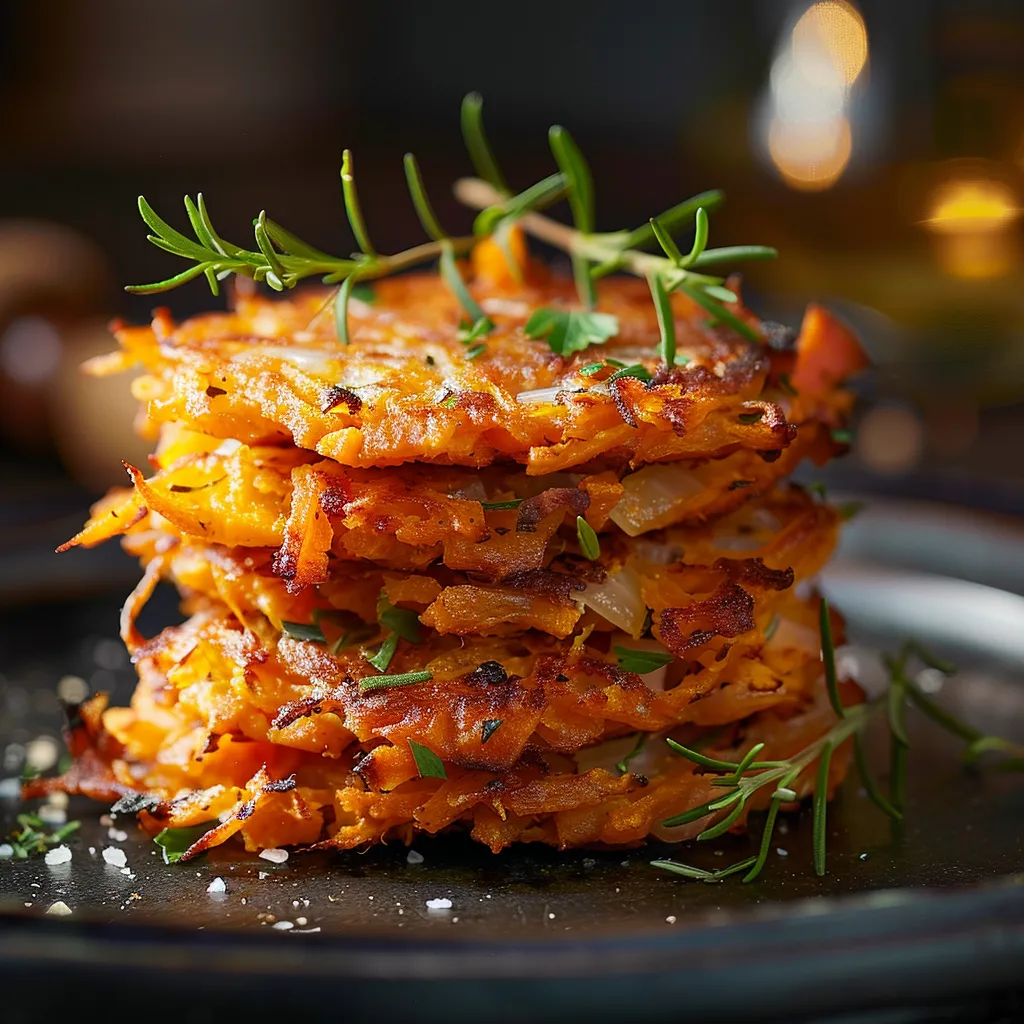 Crispy sweet potato hash browns garnished with fresh herbs.
