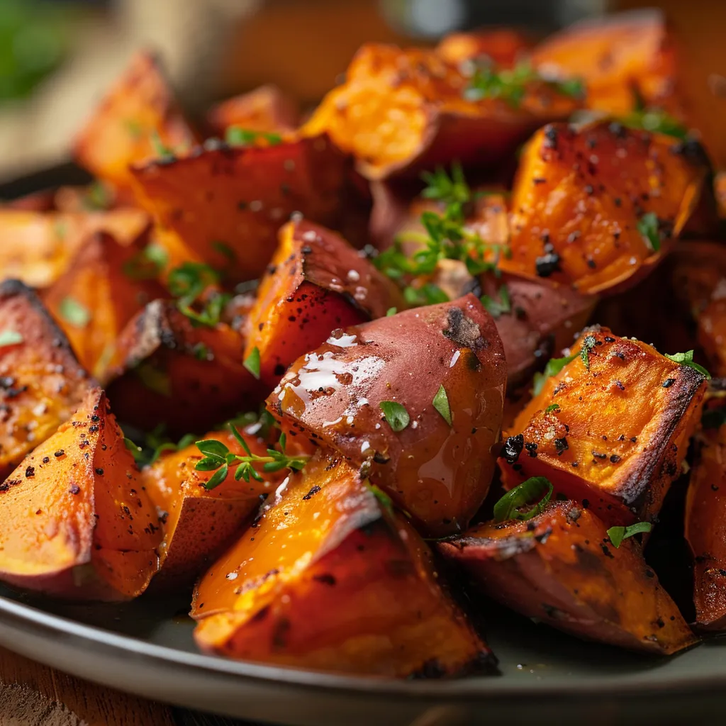 Caramelized sweet potatoes with a glossy finish, garnished with fresh herbs on a rustic background.