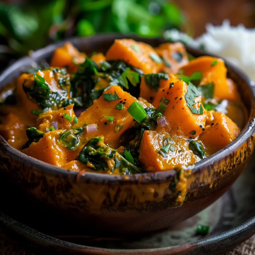 A flavorful bowl of sweet potato curry, showcasing diced sweet potatoes and leafy spinach.