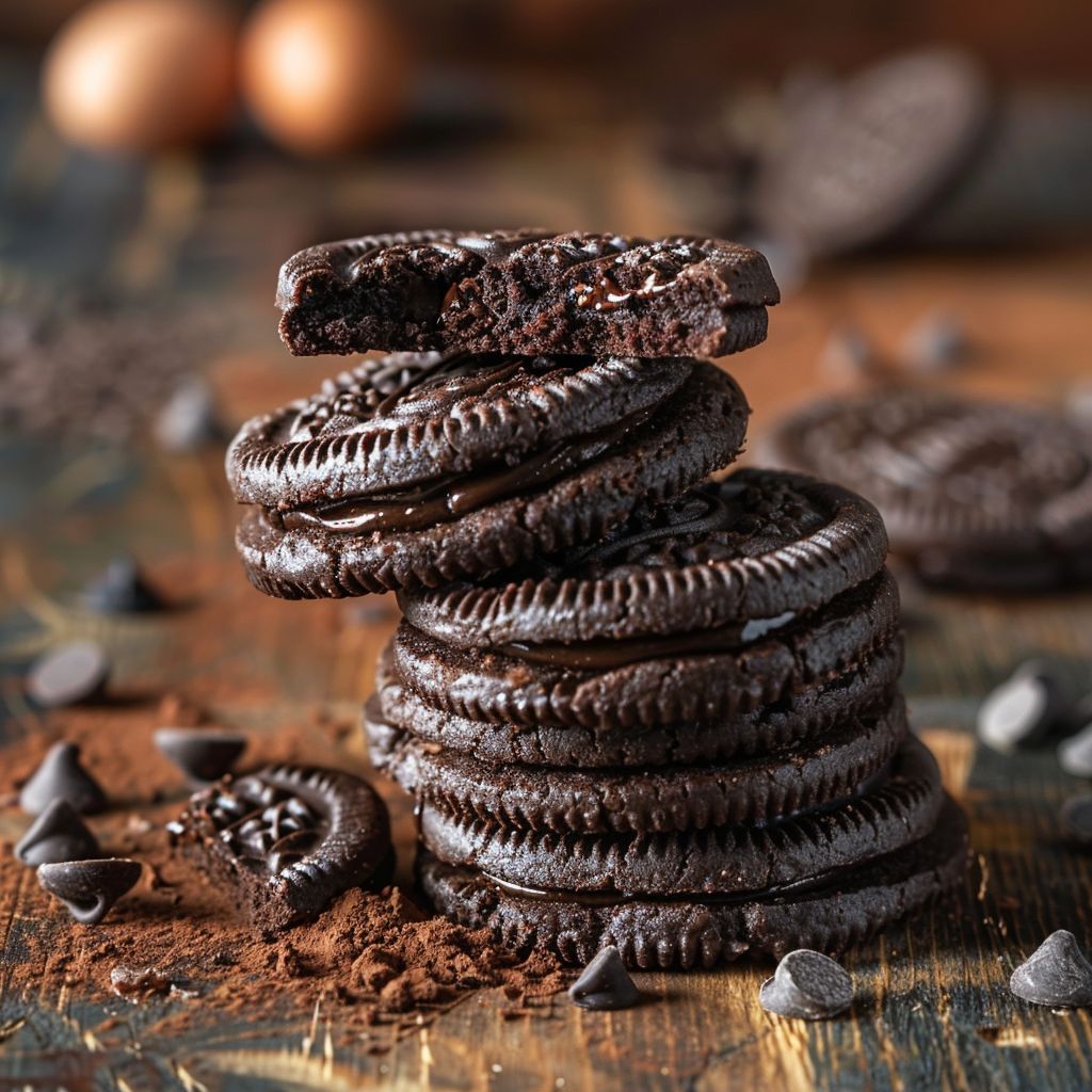 Close-up of a stack of freshly baked Oreo cookies with chocolate chips, showcasing their rich texture.