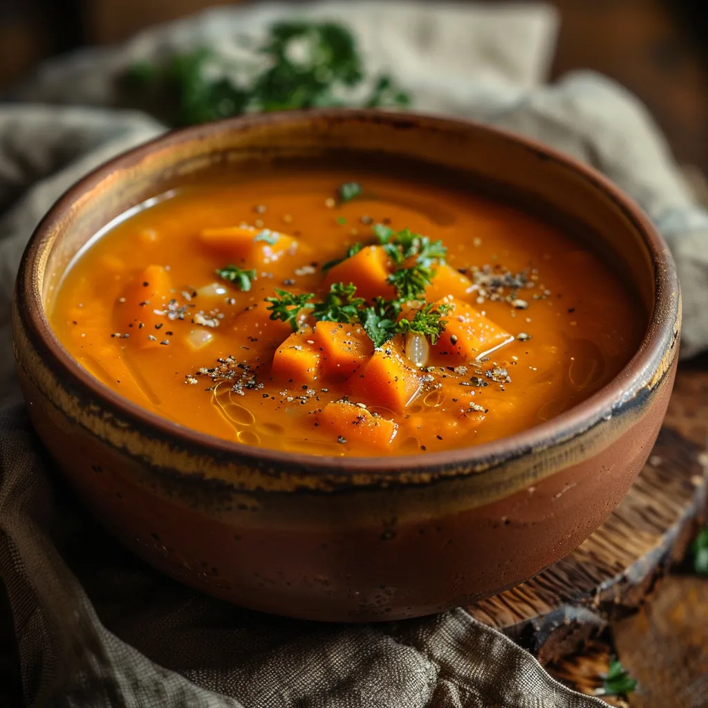 A warm bowl of savory sweet potato and carrot soup with a smooth texture, captured in soft natural light.