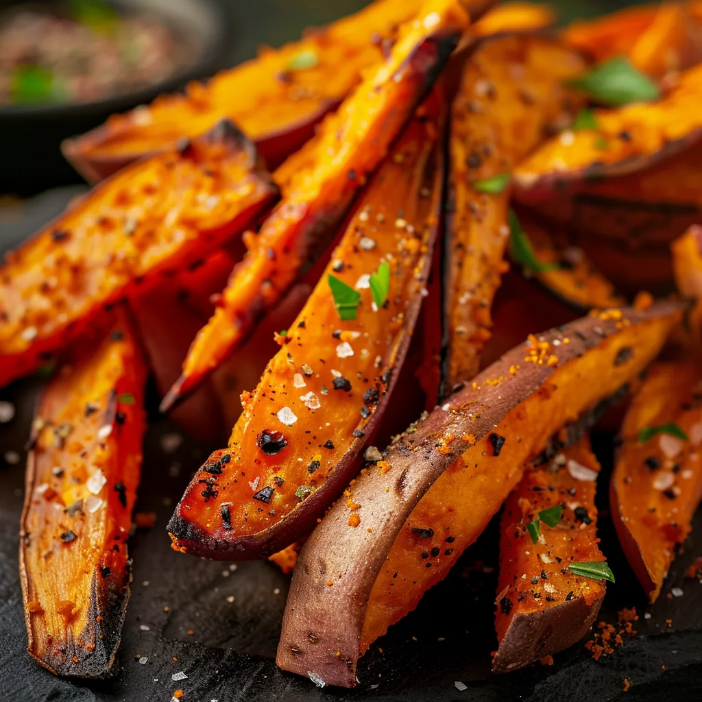A detailed view of golden-brown oven-baked sweet potato fries, with soft shadows and a blurred background.