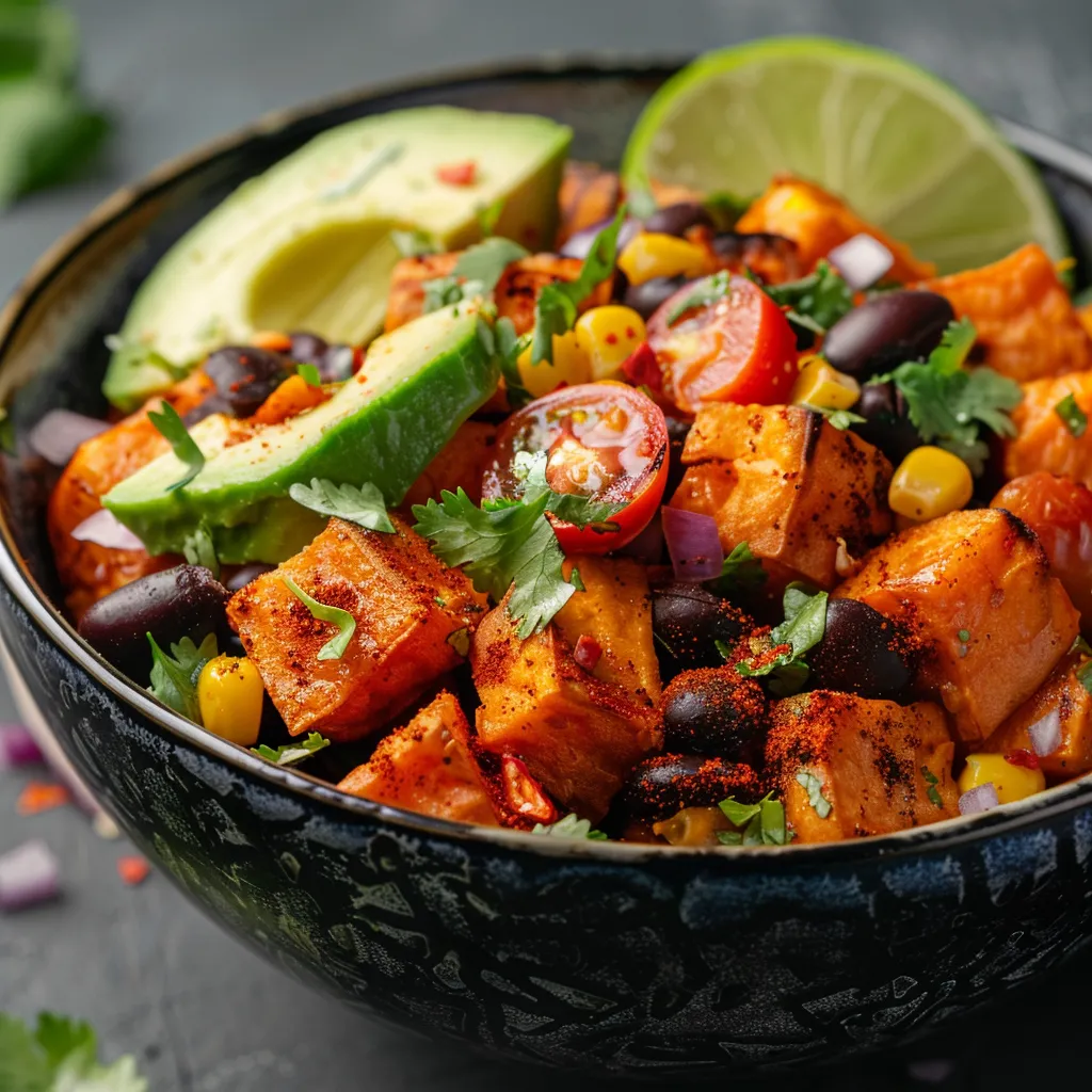 A vibrant Sweet Potato Taco Bowl featuring sweet potatoes, black beans, corn, and fresh garnishes on a rustic table.