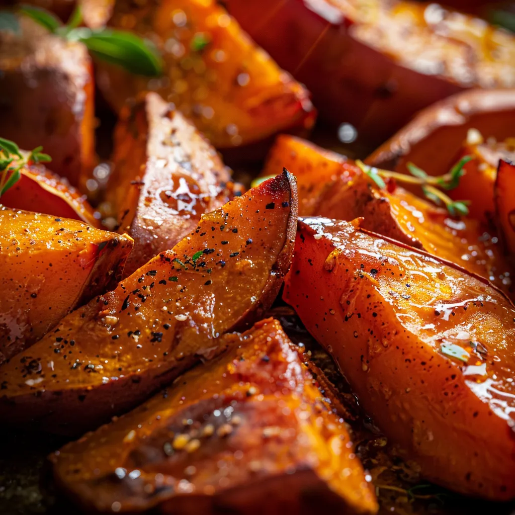 Eye-level shot of tender roasted sweet potatoes, glistening with olive oil and a sprinkle of cinnamon, presented with a blurred backdrop.