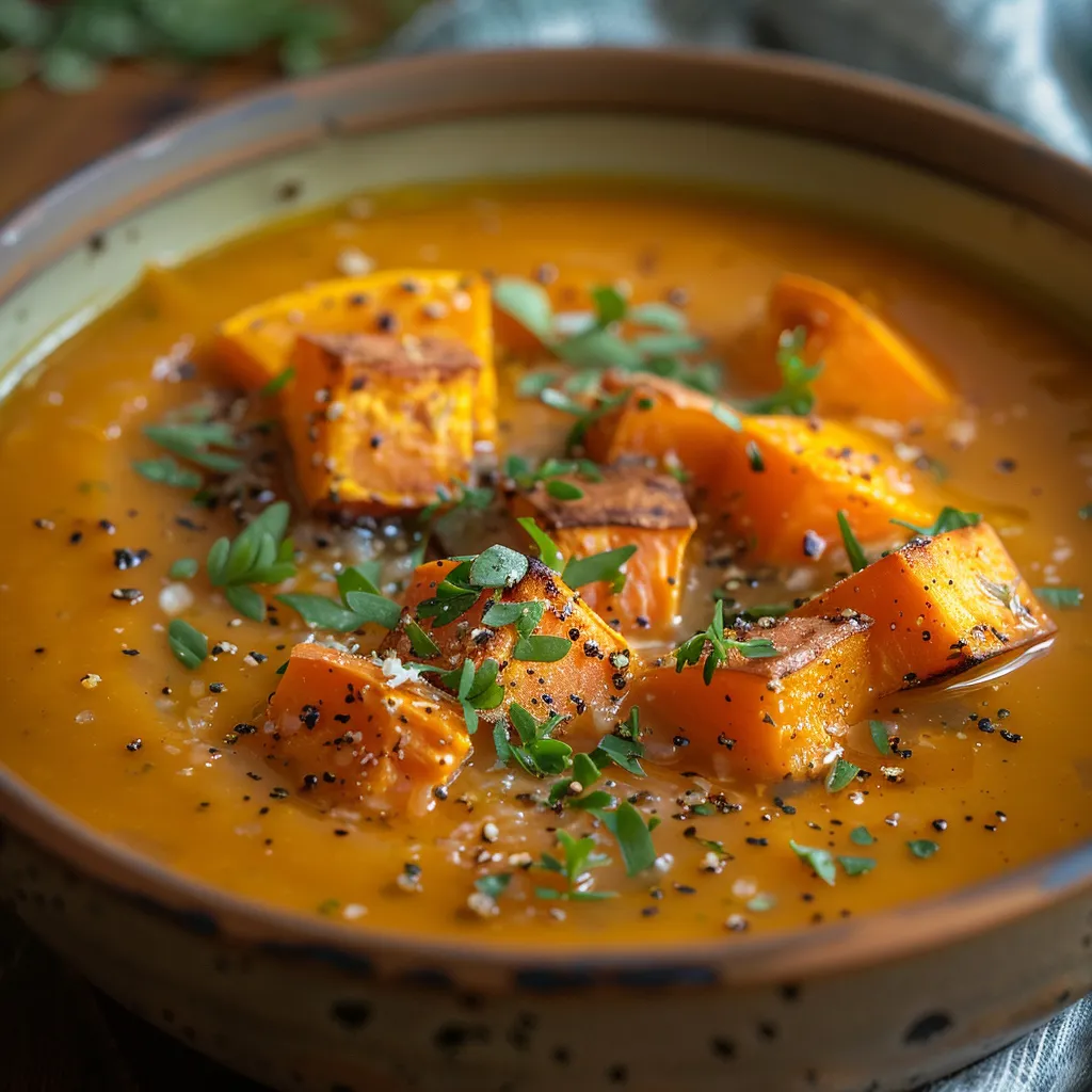 Delicious roasted sweet potato soup with a smooth texture, garnished with green herbs on top.
