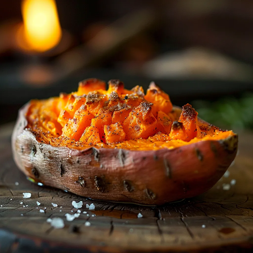 A delicious baked sweet potato, soft inside, topped with butter and surrounded by a cozy kitchen setting.