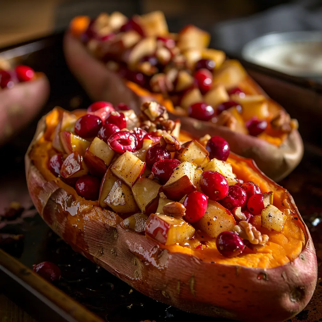 Warm, golden-brown sweet potatoes filled with cranberry apple mixture, set against a softly blurred background.