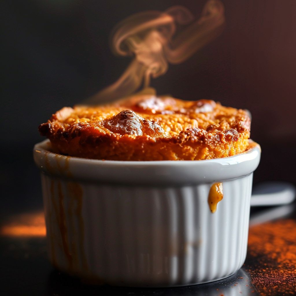 Close-up of a fluffy Sweet Potato Soufflé with a golden top in a white dish.