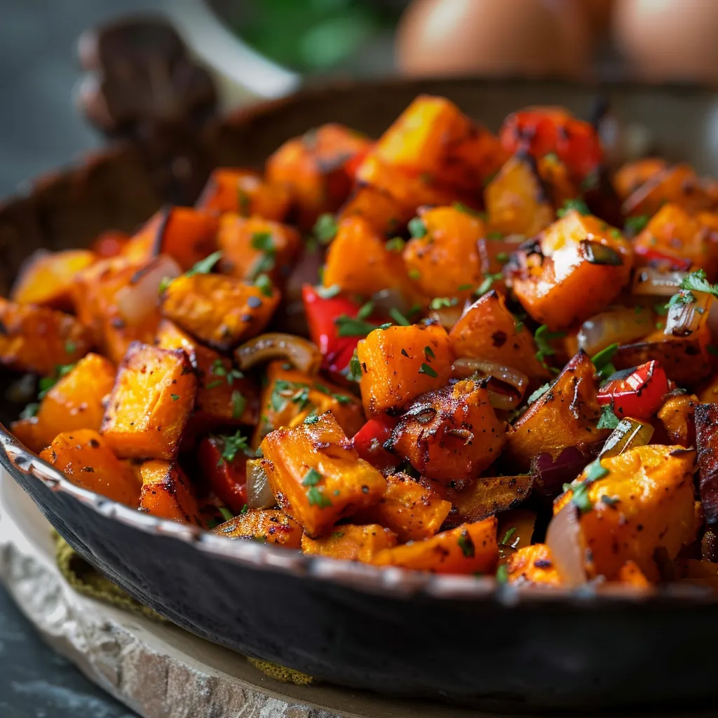 Colorful serving of sweet potato hash featuring golden pieces of sweet potatoes and bell pepper, with eggs on top.