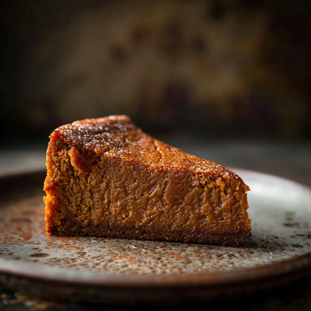 Eye-level shot of a Flourless Sweet Potato Ginger Cake with a golden crust and sprinkled with chopped ginger.