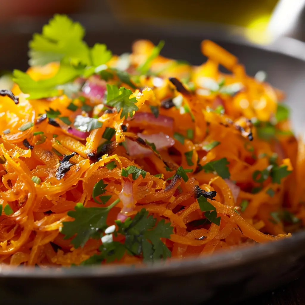 A vibrant dish of crispy sweet potato hash browns with a side of fresh herbs, captured in soft natural light.