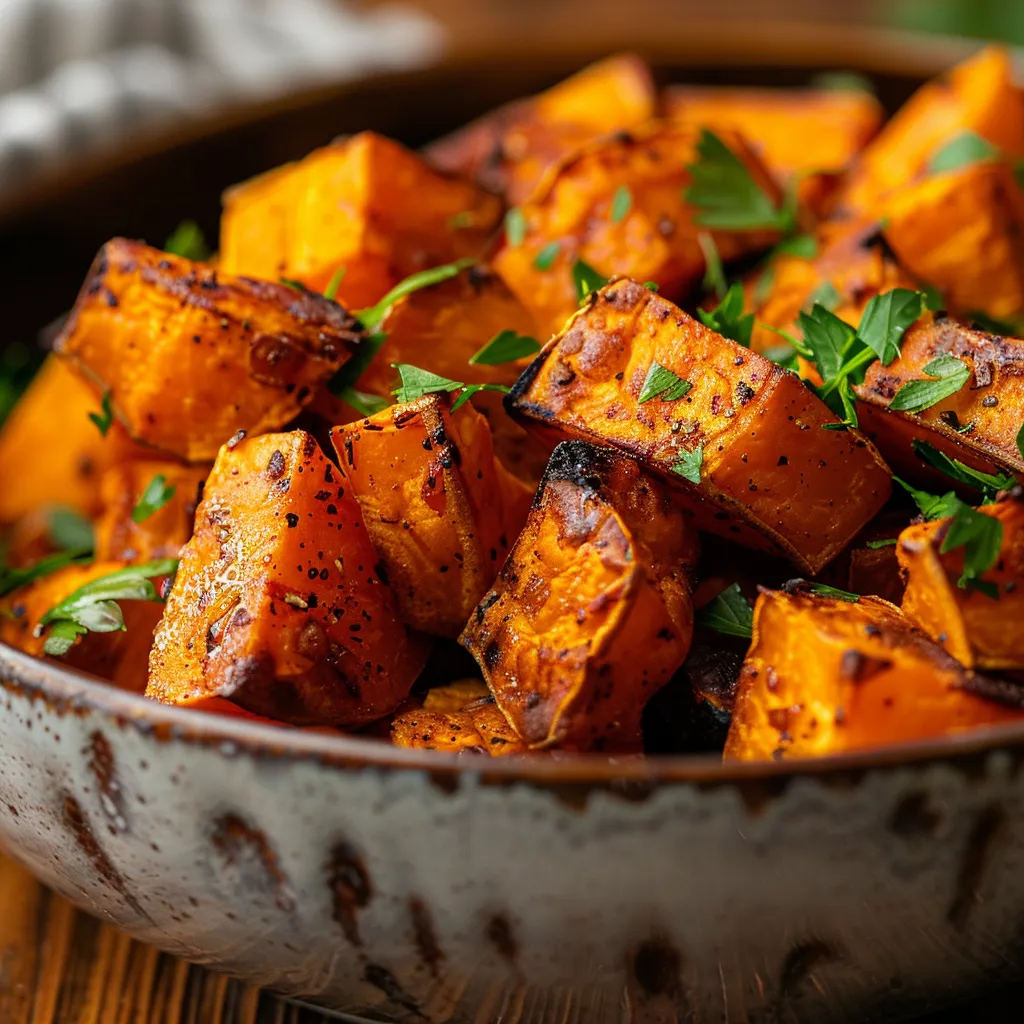 A plate of golden-brown sweet potatoes, glistening with olive oil and spices.
